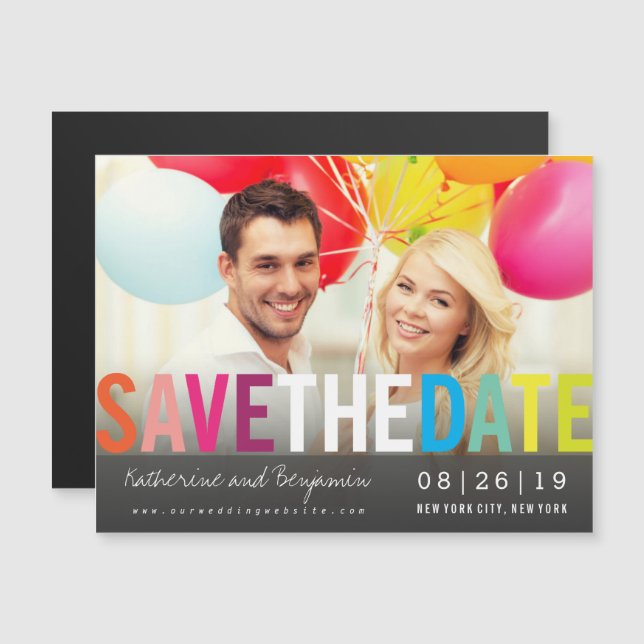 Colourful Rainbow Summer Photo Modern Save The Dat Magnetic Invitation (Front/Back)