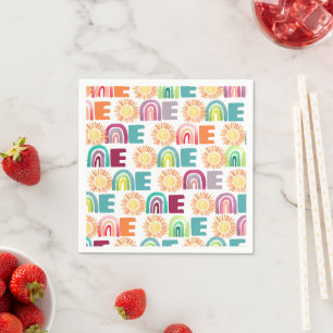 Colourful Rainbow & Suns 1st Birthday Watercolor Napkin