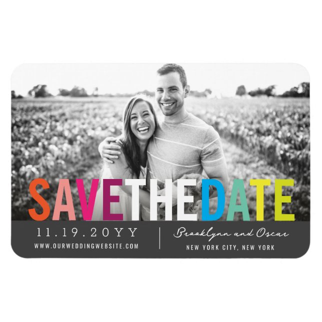 Colourful Rainbow Text Save The Date Photo Magnet (Horizontal)