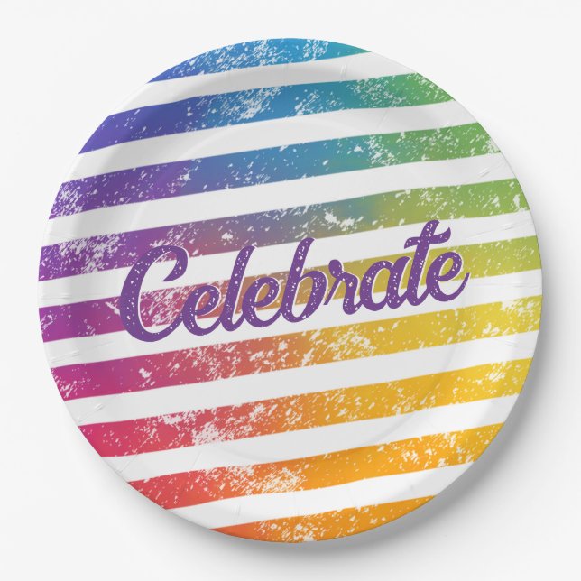Colourful Rainbow Theme Stripes Celebrate Paper Plate (Front)