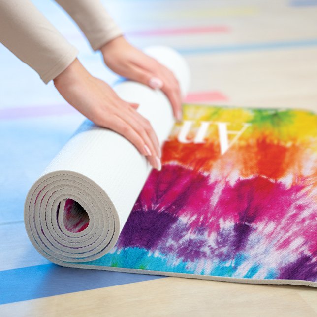Colourful Rainbow Tie Dye Custom Name Best Friend Yoga Mat (Rainbow Tie Dye Personalized Yoga Mat)