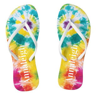 Colourful Rainbow Tie Dye Custom Name Vacation Flip Flops