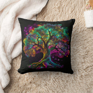 Colourful Rainbow Tree Fireflies Modern Artwork   Throw Pillow