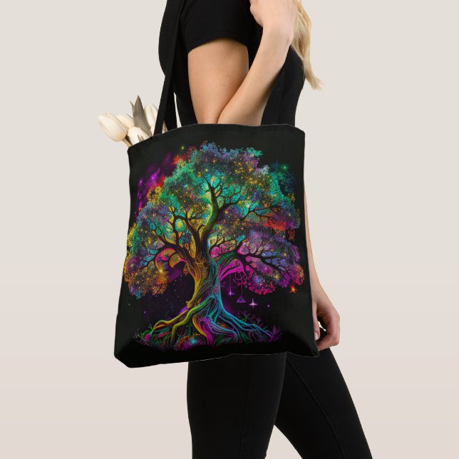 Colourful Rainbow Tree Fireflies Modern Artwork | Tote Bag (Close Up)