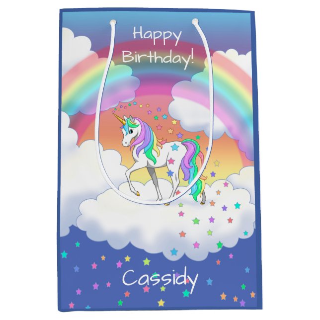 Colourful Rainbow Unicorn and Stars Medium Gift Bag (Front)