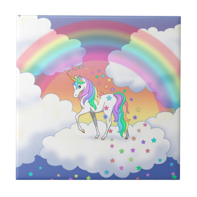 Colourful Rainbow Unicorn and Stars Tile (Front)