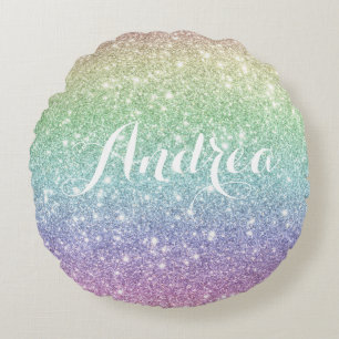 Colourful Rainbow Unicorn Glitter Pattern Custom Round Pillow