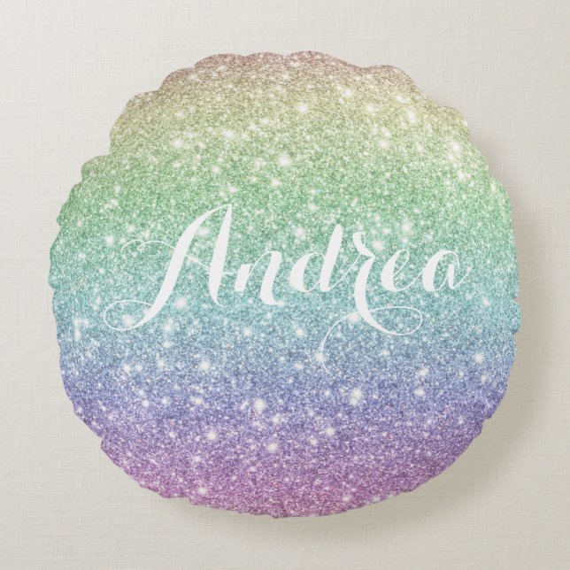 Colourful Rainbow Unicorn Glitter Pattern Custom Round Pillow (Front)