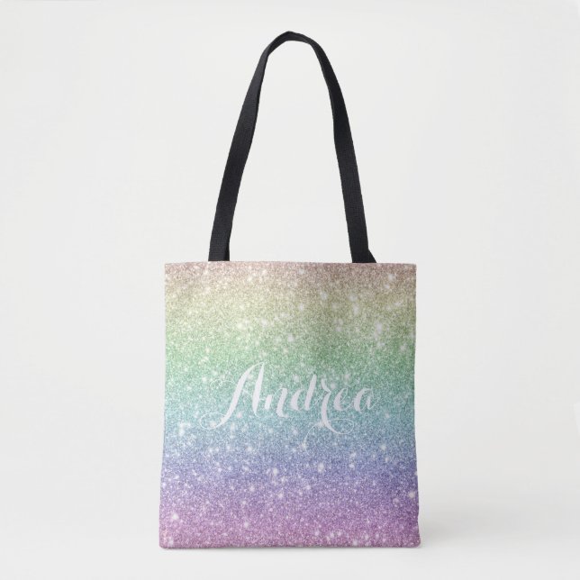 Colourful Rainbow Unicorn Glitter Pattern Trendy Tote Bag (Front)