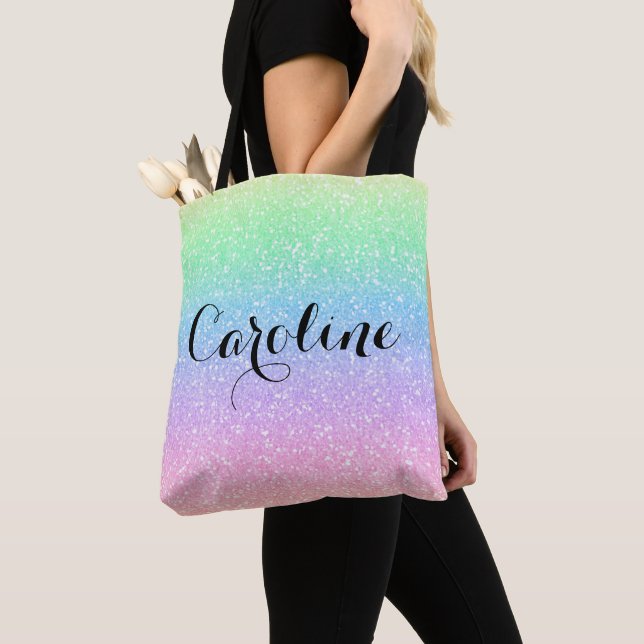 Colourful Rainbow Unicorn Glitter Trendy Pattern  Tote Bag (Close Up)