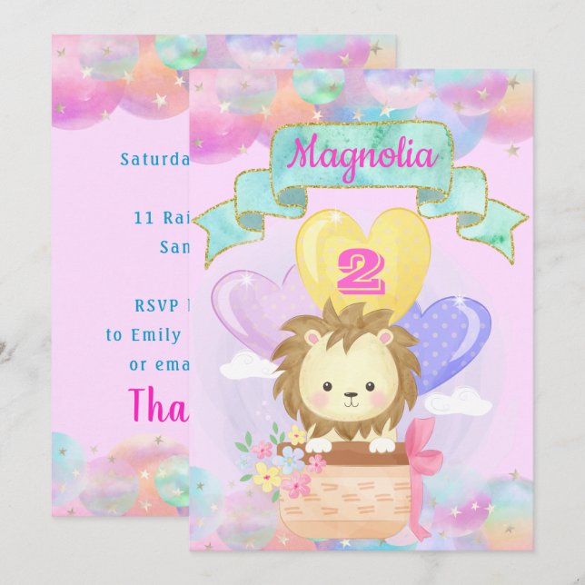 Colourful Rainbow Unicorn Hot Air Balloon Baby Lio Invitation (Front/Back)