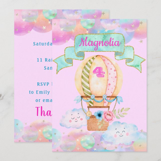 Colourful Rainbow Unicorn Hot Air Balloon Birthday Invitation (Front/Back)