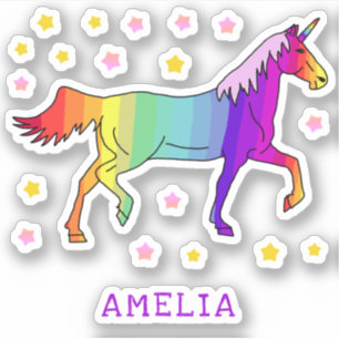 Colourful Rainbow Unicorn Stars Name Kids Sticker