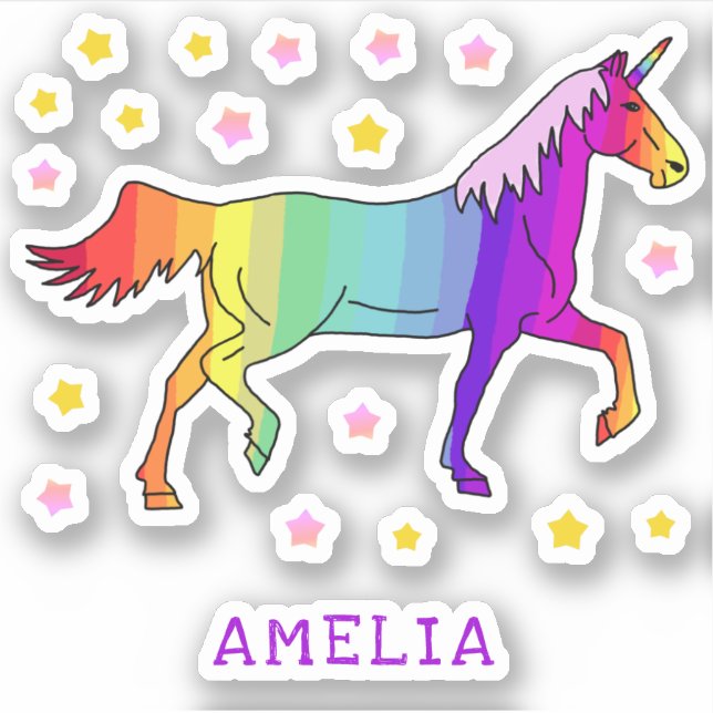 Colourful Rainbow Unicorn Stars Name Kids Sticker (Front)