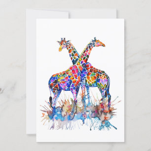Colourful Rainbow Watercolor Splatter Giraffes Card