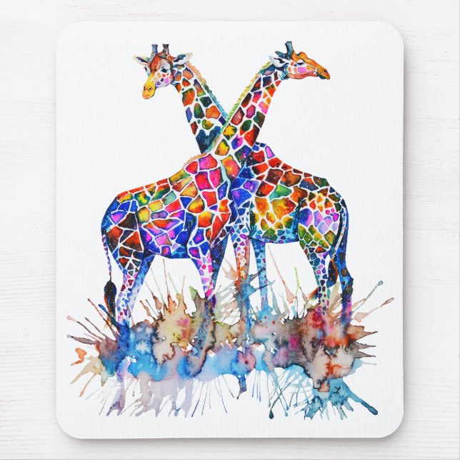 Colourful Rainbow Watercolor Splatter Giraffes Mouse Pad (Front)