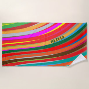 Colourful Rainbow Wave Olive Green Name Beach Towel