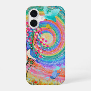 Colourful Rainbow Wildflowers Birds Butterflies iPhone 16 Case