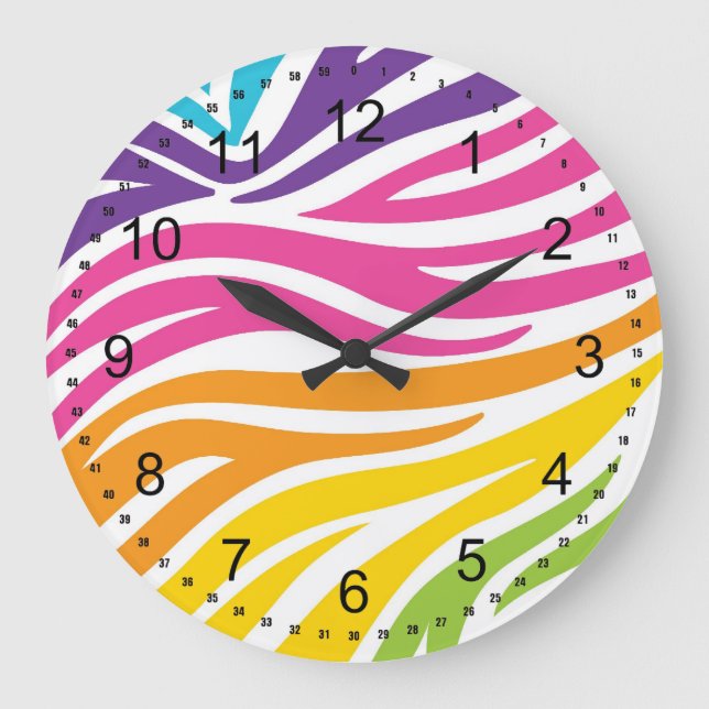 Colourful Rainbow Zebra Print Pattern Gifts Large Clock (Front)