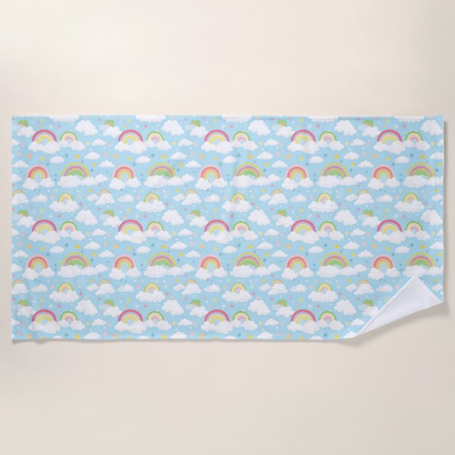 Colourful Rainbows and Clouds Beach Towel (Front)