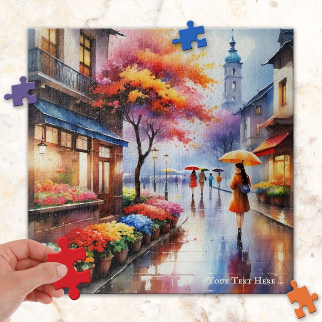 Colourful Rainy Day in the City Watercolor Puzzle (Puzzle featuring a watercolor painting of a girl walking past a flower shop on a rainy day in town)