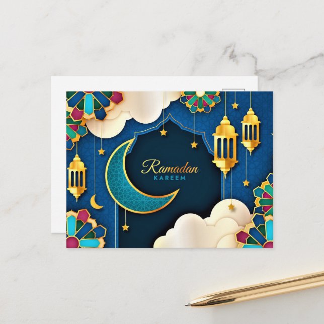 Colourful Ramadan Kareem Gold Crescent       Postcard (Front/Back In Situ)