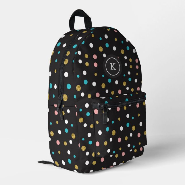 Colourful random dots pattern on black printed backpack (Back Corner Left)