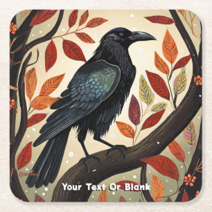 Colourful Raven Perched in a Tree Square Paper Coaster