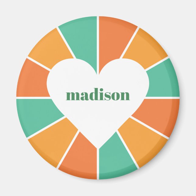 Colourful Rays & Heart custom name magnets (Front)