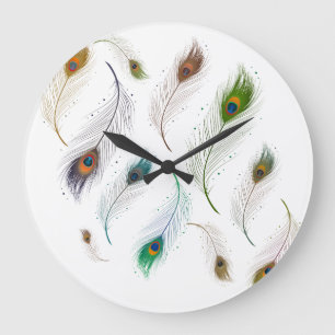 Colourful Realistic Peacock Feather Pattern Large Clock