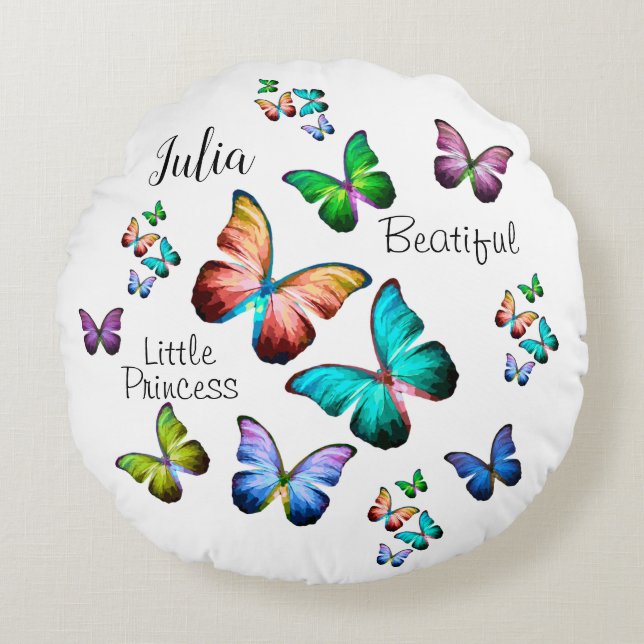 Colourful Realm of Morpho Blue Rainbow Butterflies Round Pillow (Front)