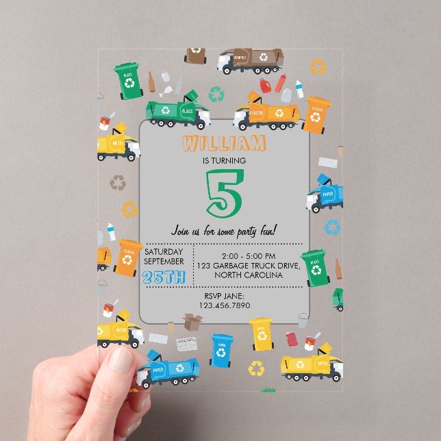 Colourful Recycling Garbage Trucks & Bins Birthday Acrylic Invitations (Insitu (Handheld))