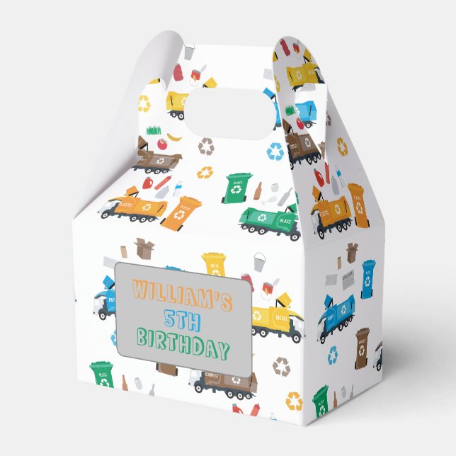 Colourful Recycling Garbage Trucks & Bins Birthday Favor Box (Front Side)