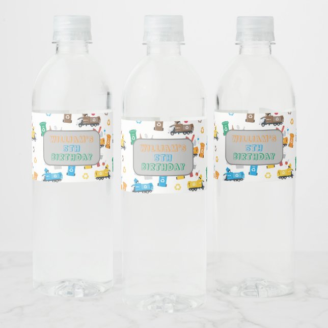Colourful Recycling Garbage Trucks & Bins Birthday Water Bottle Label (Bottles)