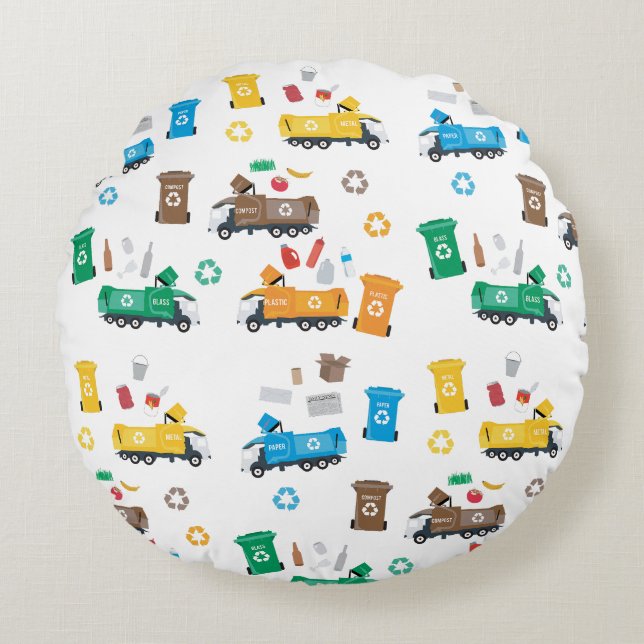 Colourful Recycling Garbage Trucks & Bins  Round Pillow (Front)