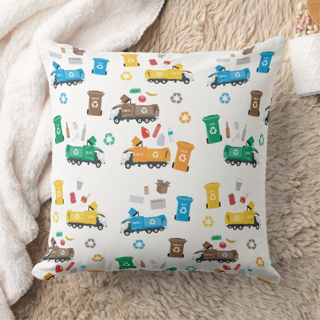 Colourful Recycling Garbage Trucks & Bins Throw Pillow (Blanket)