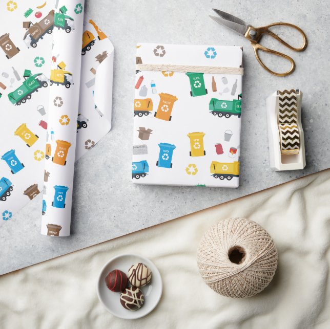 Colourful Recycling Garbage Trucks & Bins  Wrapping Paper (Crafts)