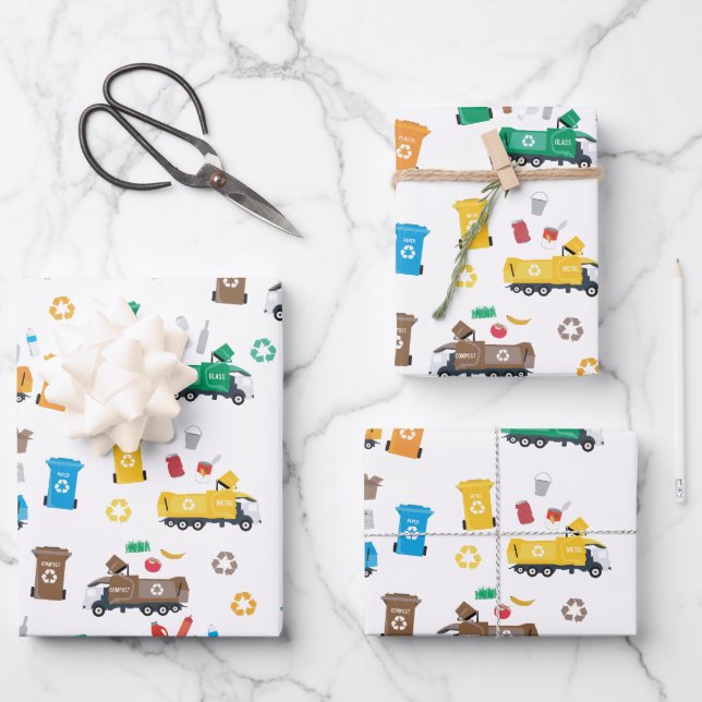 Colourful Recycling Garbage Trucks & Bins Wrapping Paper Sheet (Front)