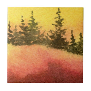 Colourful Red and Yellow Dawn Pine Tree Tile