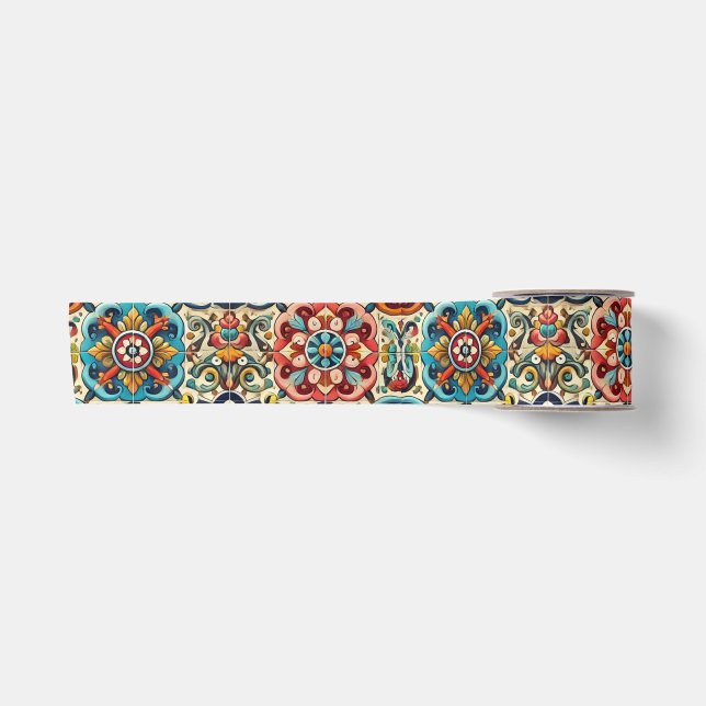 Colourful Red, Blue and Yellow Tiles Satin Ribbon (Front)