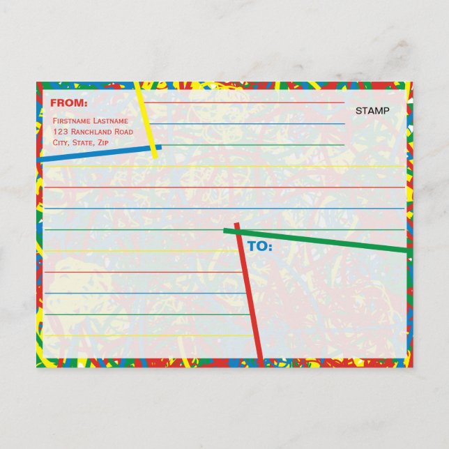 Colourful Red Blue Green Yellow Scribbles Abstract Postcard (Back)
