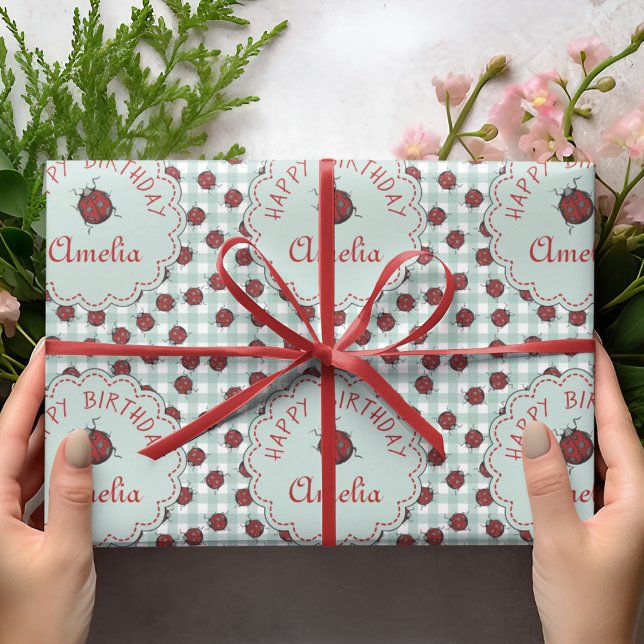 Colourful Red & Blue Ladybug Insects Kids Birthday Wrapping Paper (Colorful Ladybugs Custom Gift Wrap. Editable Text. Hand-Drawn Ladybug Beetles on Turquoise Gingham.)