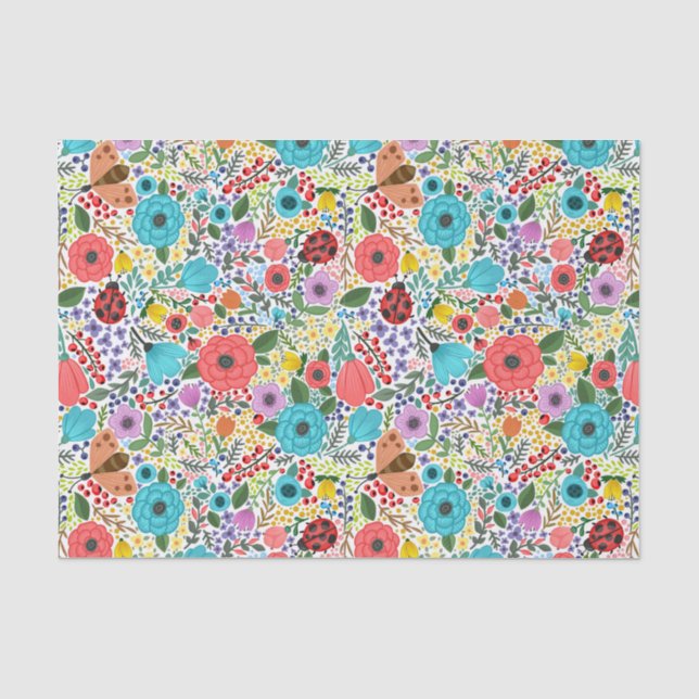 Colourful Red Blue Wild Flowers and Ladybugs Tissue Paper (Front)