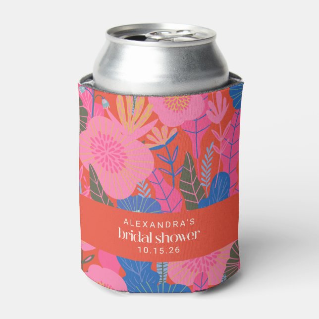 Colourful Red Boho Floral Custom Bridal Shower  Can Cooler (Can Front)