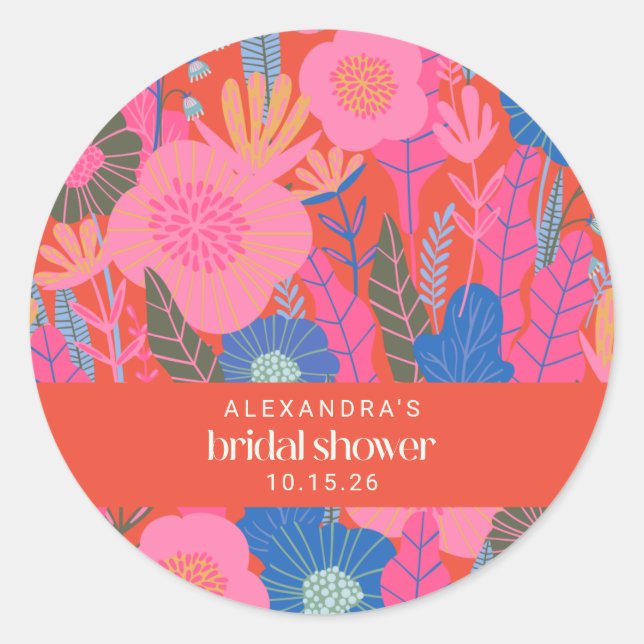 Colourful Red Boho Floral Custom Bridal Shower  Classic Round Sticker (Front)