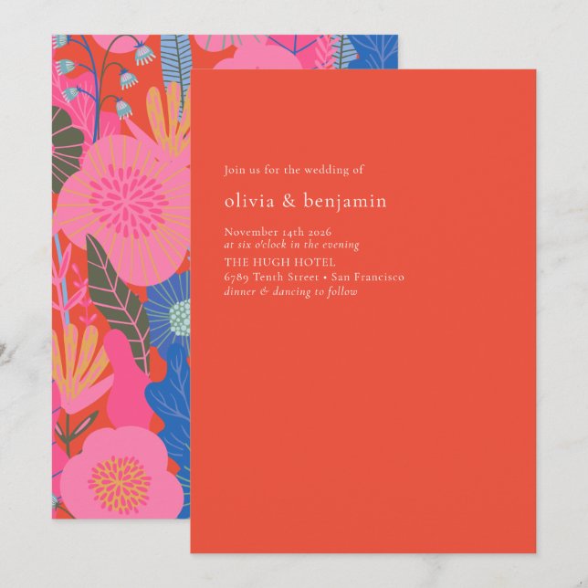 Colourful Red Boho Floral Minimalist Modern Weddin Invitation (Front/Back)