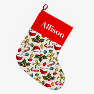 Colourful Red Christmas Sketches Elegant Typograph Large Christmas Stocking