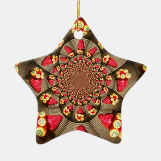 Colourful Red Delight: Strawberry Kaleidoscope Art Ceramic Ornament (Front)