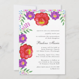Colourful Red Fiesta Floral Quinceañera Photo Invitation