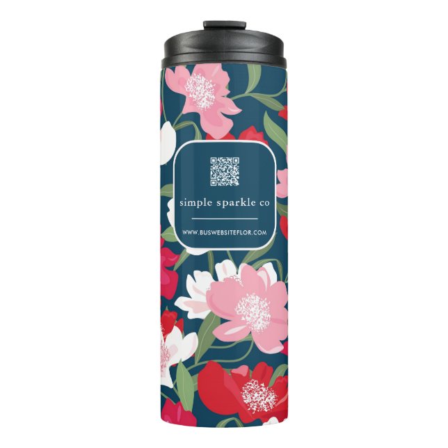 Colourful Red Floral Business QR Code Blue Thermal Tumbler (Front)
